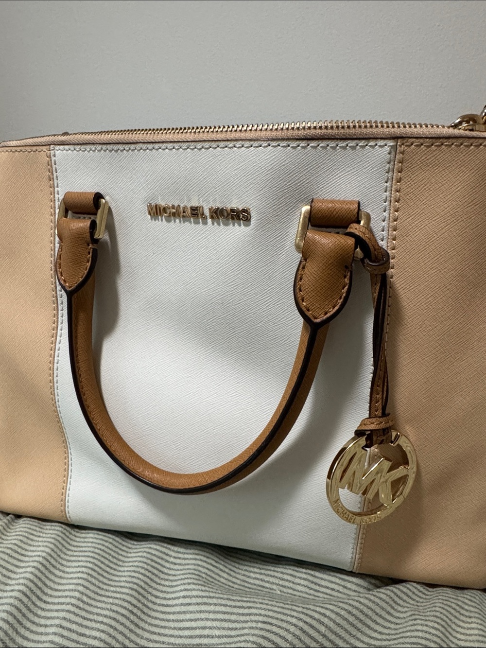 Michael Kors White and Tan Two-Tone Bag with Gold Hardware